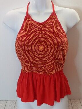 Forever 21 Halter Top Crochet Orange & Red Gauze Ruffled Bottom Y2k Retro Vibes